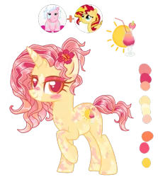 Size: 3092x3464 | Tagged: safe, artist:mint-light, artist:vernorexia, derpibooru import, sunset shimmer, oc, pony, unicorn, base used, body markings, coat markings, commission, cutie mark, dappled, facial markings, female, flower, flower in hair, fusion, gradient mane, hibiscus, image, mare, multicolored mane, orange hair, orange mane, pink mane, png, ponytail, red mane, reference sheet, short tail, simple background, solo, tail, transparent background, tropical, tropical ponies, webkinz, webkinz pink pony