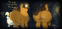 Size: 5262x2480 | Tagged: safe, artist:firestarter, derpibooru import, oc, unofficial characters only, dog, pony, butt, cave, fat, headlamp, image, non-mlp oc, obese, plot, png, speech bubble, text, the ass is monstrously oversized for tight entrance, the ass was fat, the ass was too fat, tunnel