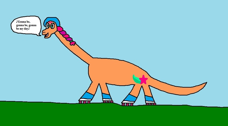 Size: 984x545 | Tagged: safe, artist:kookaman25, artist:stevenpepi, derpibooru import, sunny starscout, brachiosaurus, dinosaur, sauropod, g5, my little pony: a new generation, 1000 hours in ms paint, dinosaurified, gonna be my day, helmet, image, jpeg, roller skates, singing, skating, species swap