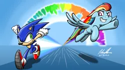 Size: 1280x720 | Tagged: safe, artist:soulsliver249, derpibooru import, rainbow dash, anthro, hedgehog, pegasus, pony, crossover, duo, female, flying, image, looking at each other, looking at someone, male, mare, png, rainbow trail, running, sonic rainboom, sonic the hedgehog, sonic the hedgehog (series)