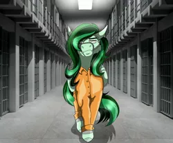 Size: 3000x2500 | Tagged: safe, artist:arttartistry, artist:inisealga, derpibooru import, oc, oc:eden shallowleaf, pegasus, bound wings, bridle, chained, clothes, cuffs, grumpy, image, jpeg, pegasus oc, prison outfit, prisoner, shackles, solo, tack, wings