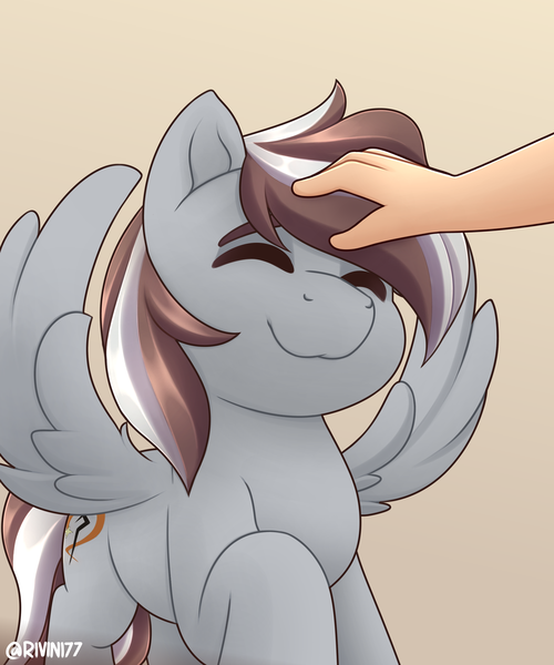Size: 2000x2400 | Tagged: safe, artist:rivin177, derpibooru import, oc, oc:gessu, oc:raxella gessu, earth pony, human, pegasus, pony, commission, eyes closed, hand, hooves, image, patting, pet, png, raised hoof, solo, spread wings, wings, your character here