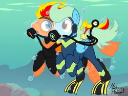 Size: 2360x1777 | Tagged: safe, artist:mistress midnight, artist:mommymidday, derpibooru import, oc, oc:fireheart(fire), oc:sea glow, unofficial characters only, hybrid, pegasus, pony, air tank, dive mask, duo, flippers (gear), full face mask, goggles, image, pegabat, png, scuba gear, underwater, wetsuit