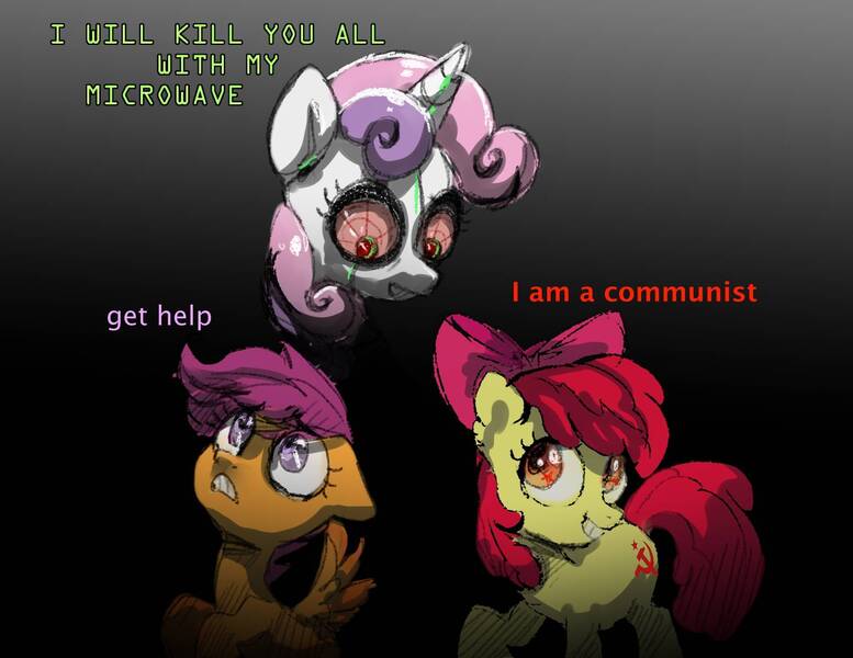 Size: 1959x1512 | Tagged: safe, artist:lucherik, derpibooru import, apple bloom, scootaloo, sweetie belle, earth pony, pegasus, pony, robot, unicorn, female, filly, foal, image, jpeg, sweetie bot, text