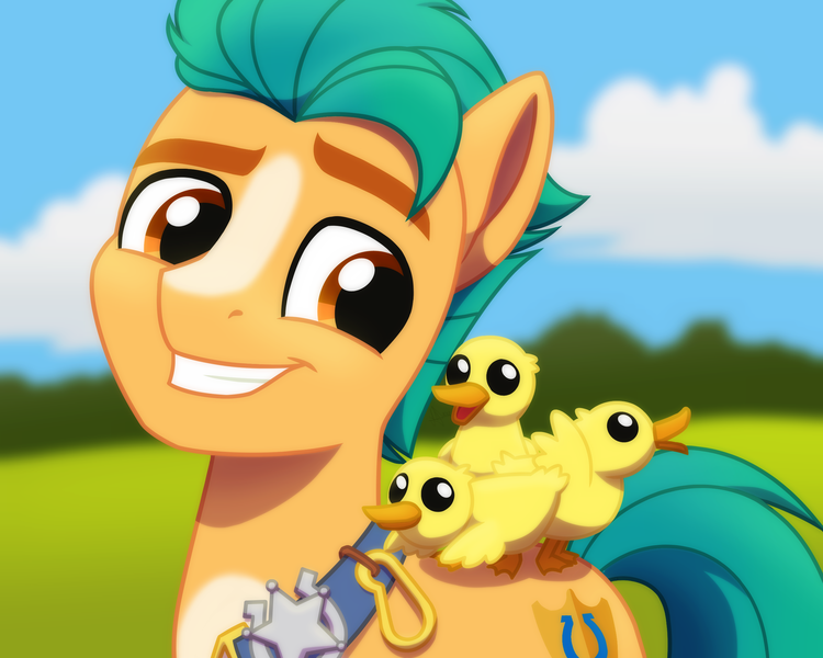 Size: 2560x2048 | Tagged: safe, artist:whitequartztheartist, derpibooru import, hitch trailblazer, bird, duck, earth pony, pony, duckling, g5, image, png, simple background, smiling, solo