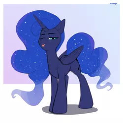 Size: 3000x3000 | Tagged: safe, artist:kirasunnight, derpibooru import, princess luna, alicorn, pony, :p, cute, female, folded wings, full body, high res, hooves, horn, image, lidded eyes, lunabetes, mare, png, shadow, signature, solo, standing, tail, tongue out, wings