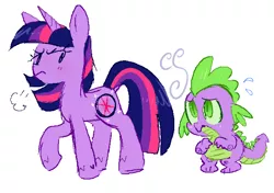 Size: 1326x932 | Tagged: safe, artist:computershits, derpibooru import, spike, twilight sparkle, dragon, unicorn, alternate cutie mark, baby, baby dragon, chubby, duo, female, floppy ears, image, implied abuse, lightly watermarked, looking at each other, looking at someone, male, nervous, png, pudgy, raised hoof, sad, simple background, sweat, sweatdrop, unicorn twilight, unshorn fetlocks, watermark, white background