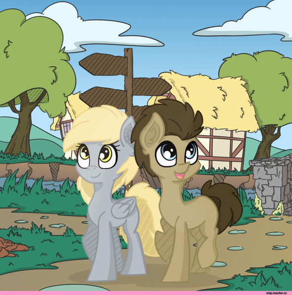 Size: 1000x1014 | Tagged: safe, artist:la hum, derpibooru import, derpy hooves, doctor whooves, time turner, earth pony, pegasus, doctorderpy, female, image, jpeg, male, ponyville, shipping, straight, underp