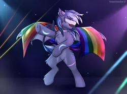 Size: 3600x2660 | Tagged: safe, artist:snowstormbat, derpibooru import, oc, oc:midnight snowstorm, bat pony, pony, bipedal, bodypaint, dancing, image, male, my little pony, nightclub, party, png, pride, pride flag, rave, smiling, solo, stallion