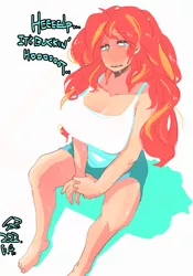 Size: 1400x2000 | Tagged: safe, artist:sozglitch, derpibooru import, sunset shimmer, human, barefoot, big breasts, breasts, busty sunset shimmer, cleavage, clothes, dialogue, feet, female, hot, huge breasts, humanized, image, jpeg, looking at you, red face, shorts, simple background, sweat, talking to viewer, tanktop, white background