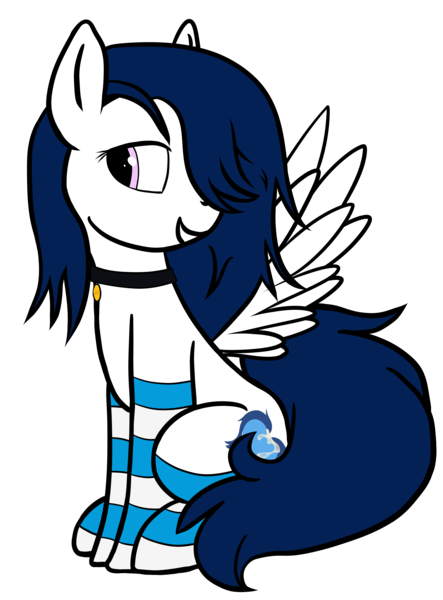 Size: 5000x6772 | Tagged: safe, artist:littlenaughtypony, artist:sassysvczka, derpibooru import, oc, oc:sassysvczka, pegasus, pony, ashamed, clothes, collar, female, hair over one eye, image, mane, mare, pegasus oc, pet tag, png, simple background, sitting, smiling, socks, spread wings, stockings, striped socks, tail, teeth, thigh highs, transparent background, wings