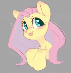 Size: 1013x1048 | Tagged: safe, artist:melodylibris, derpibooru import, fluttershy, pegasus, pony, blushing, bust, colored pupils, cute, gray background, image, jpeg, shyabetes, silly, simple background, solo, sparkles, tongue out
