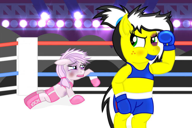 Size: 1024x683 | Tagged: safe, derpibooru import, oc, oc:love punch, oc:uppercute, unofficial characters only, earth pony, pegasus, beaten up, boxing, boxing ring, clothes, female, image, jpeg, knock out, sports