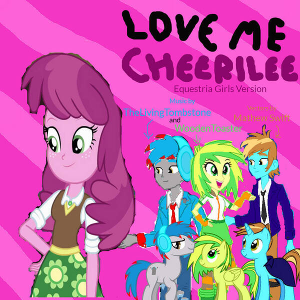 Size: 894x894 | Tagged: safe, artist:mathew-swift-va, derpibooru import, cheerilee, oc, oc:mathew swift, oc:the living tombstone, oc:wooden toaster, earth pony, human, pegasus, pony, unicorn, equestria girls, cloak, clothes, cover art, female, flower, headphones, horn, humanized, image, jpeg, love me cheerilee, male, mare, necktie, raised hoof, shirt, skirt, smiling, stallion, wings