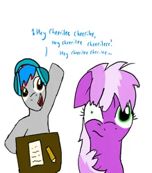 Size: 7000x8000 | Tagged: safe, artist:lubyloo700, derpibooru import, cheerilee, oc, oc:the living tombstone, earth pony, pony, calling, desk, female, floppy ears, frown, headphones, hoof in air, image, jpeg, losing sanity, male, mare, messy mane, mismatched eyes, paper, pencil, simple background, smiling, stallion, table, white background