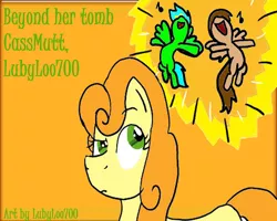 Size: 1280x1024 | Tagged: safe, artist:lubyloo700, derpibooru import, carrot top, golden harvest, oc, oc:peacekeeper, earth pony, pegasus, pony, beyond her garden, confused, female, flying, image, jpeg, mare, music notes, open mouth, singing, smiling, spread wings, text, volumetric mouth, wings