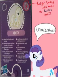 Size: 774x1032 | Tagged: safe, artist:lubyloo700, derpibooru import, rarity, pony, unicorn, angry, blind bag card, cutie mark, dialogue, female, frown, hasbro, image, implied twilight sparkle, jpeg, mare, rarity is not amused, smiling, speech bubble, text, unamused, wrong cutie mark