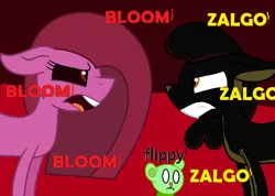 Size: 833x592 | Tagged: safe, artist:sunmint234, derpibooru import, apple bloom, pinkie pie, bear, earth pony, pony, luna game, angry, argument, creepybloom, creepypasta, crossover, dialogue, female, flippy, floppy ears, frown, gritted teeth, happy tree friends, image, looking at each other, looking at someone, male, mare, open mouth, pinkamena diane pie, png, scared, teeth, text, yelling, zalgo, zalgo pie