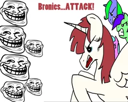 Size: 1280x1024 | Tagged: safe, artist:lubyloo700, derpibooru import, oc, oc:fausticorn, unofficial characters only, alicorn, pony, angry, brony, dialogue, female, frown, gritted teeth, horn, image, jpeg, mare, meme, simple background, smiling, spread wings, teeth, text, trollface, white background, wings