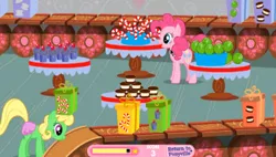 Size: 499x284 | Tagged: safe, derpibooru import, pinkie pie, earth pony, pony, adventures in ponyville, blonde mane, candy, candy cane, cherry, clothes, conveyor belt, cookie, cupcake, female, food, game, green pony, image, jpeg, lollipop, mare, pink dress, pinkie pie's sweet shoppe, skirt, smiling, sugarcube corner, table, youtube link
