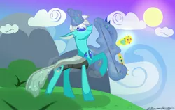 Size: 4096x2585 | Tagged: safe, artist:stacey lightning dash, derpibooru import, oc, changeling, background, changeling oc, clothes, cloud, commission, image, jpeg, magic, magic aura, male, mountain, raised hoof, see-through, sky