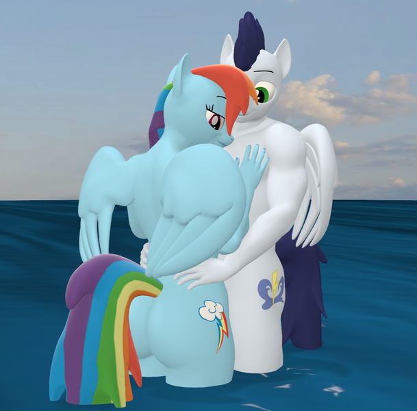 Size: 1096x1080 | Tagged: questionable, alternate version, artist:papadragon69, derpibooru import, rainbow dash, soarin', anthro, pony, 2 handfuls of dem hips, 3d, alternate character, ass, butt, cuddling, female, hand on hip, image, legs in the water, male, png, rainbutt dash, shipping, soarindash, source filmmaker, straight, water