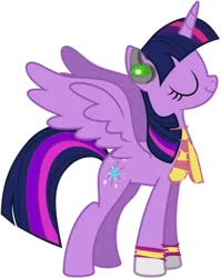 Size: 340x427 | Tagged: safe, artist:pagiepoppie12345, derpibooru import, twilight sparkle, twilight sparkle (alicorn), alicorn, pony, cadence (club penguin), clothes, club penguin, crossover, eyes closed, female, headphones, horn, image, mare, png, scarf, simple background, smiling, socks, spread wings, transparent background, wings