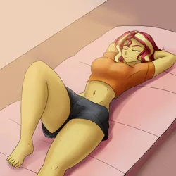 Size: 2000x2000 | Tagged: safe, artist:zachc, derpibooru import, sunset shimmer, human, equestria girls, arm behind head, barefoot, belly button, big breasts, black bottomwear, breasts, busty sunset shimmer, clothes, exposed belly, eyes closed, feet, female, gym shorts, happy, heroine, image, lying down, metahuman, midriff, near-pure good heroine, orange topwear, png, relaxed, relaxing, shirt, short shirt, shorts, smiling, solo, solo female, t-shirt, teenager, tomboy, two toned hair, upshorts