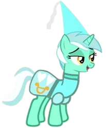 Size: 365x442 | Tagged: safe, artist:darlycatmake, derpibooru import, lyra heartstrings, pony, unicorn, alternate versions at source, amused, clothes, cute, dress, dressup, happy, hat, hennin, image, lidded eyes, looking at someone, looking at something, lyra is amused, lyrabetes, open mouth, png, princess, princess lyra heartstrings, simple background, solo, transparent background