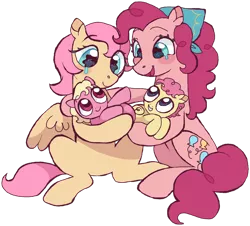 Size: 1280x1158 | Tagged: safe, alternate version, artist:universal-heart, derpibooru import, fluttershy, pinkie pie, earth pony, pegasus, pony, baby, baby pony, colt, crying, family, female, flutterpie, foal, holding a pony, image, lesbian, magical lesbian spawn, male, mare, offspring, parent:fluttershy, parent:pinkie pie, parents:flutterpie, png, shipping, simple background, tears of joy, transparent background