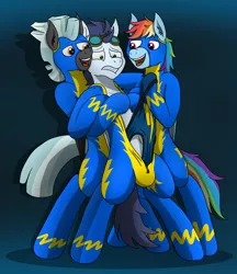 Size: 4500x5200 | Tagged: suggestive, artist:tacomytaco, derpibooru import, rainbow dash, soarin', thunderlane, pegasus, pony, belly button, bipedal, briefs, clothes, female, frontal wedgie, goggles, hug, image, male, open clothes, pain, png, smiling, underwear, uniform, wedgie, wonderbolts uniform