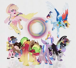 Size: 4096x3669 | Tagged: safe, artist:faunahoof, derpibooru import, applejack, fluttershy, pinkie pie, rainbow dash, rarity, twilight sparkle, pegasus, pony, unicorn, friendship is magic, accessory, alternate design, angry, breath, cleft lip, colored wings, confused, crown, derpibooru exclusive, element of generosity, element of honesty, element of kindness, element of laughter, element of loyalty, element of magic, elements of harmony, floppy ears, glow, glowing horn, gold, hair over eyes, horn, image, jewelry, looking at you, magic, magic aura, mane six, multicolored hair, multicolored mane, multicolored wings, pegasus wings, png, raised hoof, redesign, regalia, simple background, snarling, sneer, snorting, twitterina design, unicorn twilight, unshorn fetlocks, white background, wings