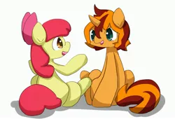 Size: 3314x2253 | Tagged: safe, artist:up_p_ab, derpibooru import, apple bloom, oc, oc:eel, earth pony, pony, unicorn, female, filly, foal, image, jpeg, male, sitting, stallion