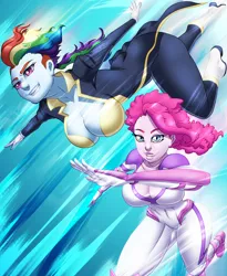 Size: 1800x2200 | Tagged: safe, artist:mesiasart, derpibooru import, pinkie pie, rainbow dash, equestria girls, breasts, busty pinkie pie, busty rainbow dash, duo, duo female, female, image, jpeg, race, superhero