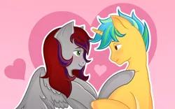 Size: 2146x1338 | Tagged: safe, derpibooru import, oc, oc:evening prose, oc:sunrise sentry, unofficial characters only, pegasus, pony, unicorn, female, freckles, heart, heart background, image, jewelry, looking at each other, looking at someone, male, mare, necklace, oc x oc, pearl necklace, png, shipping, stallion, straight