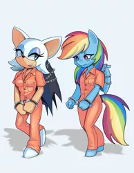 Size: 2480x3200 | Tagged: safe, artist:en17, derpibooru import, rainbow dash, anthro, bound wings, chained, clothes, cuffs, image, png, prison outfit, prisoner rd, rouge the bat, sonic the hedgehog (series), wings