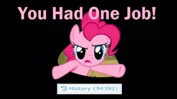 Size: 1280x720 | Tagged: safe, derpibooru import, edit, edited screencap, screencap, pinkie pie, earth pony, pony, derpibooru, over a barrel, season 1, breaking the fourth wall, didn't think this through, female, fourth wall, image, looking at you, meta, open mouth, png, solo, you had one job