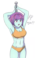 Size: 1159x1920 | Tagged: suggestive, artist:sumin6301, derpibooru import, sunny flare, equestria girls, friendship games, abs, baseball bat, belly button, big breasts, breasts, busty sunny flare, clothes, female, image, jpeg, korean, looking at you, moon runes, open mouth, simple background, solo, sports bra, sports panties, stupid sexy sunny flare, white background