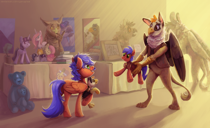 Size: 4086x2500 | Tagged: safe, artist:yarugreat, derpibooru import, fluttershy, twilight sparkle, oc, oc:electuroo, oc:griffin, gryphon, pony, book, commission, detailed background, fluttershy plushie, griffish isles, holding a pony, image, photo frame, plant, plushie, png, poster, shadows, table, teddy bear, twilight sparkle plushie, vendor