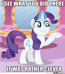 Size: 640x732 | Tagged: safe, derpibooru import, edit, edited screencap, screencap, rarity, pony, unicorn, caption, female, glow, glowing horn, horn, i see what you did there, image, image macro, impact font, jpeg, meme, memecenter, solo, text, watermark