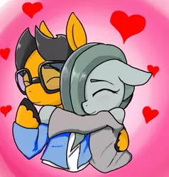 Size: 554x581 | Tagged: safe, artist:a.s.e, derpibooru import, marble pie, oc, oc:a.s.e, earth pony, pony, semi-anthro, canon x oc, clothes, couple, female, glasses, happy, heart, hug, image, jpeg, love, male, mare, shipping, smiling, stallion, straight