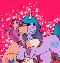 Size: 1200x1263 | Tagged: safe, artist:babymoon, derpibooru import, izzy moonbow, sunny starscout, female, g5, heart, image, izzyscout, jpeg, kiss on the cheek, kissing, lesbian, shipping