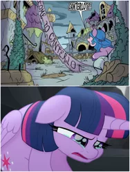 Size: 1500x1999 | Tagged: safe, derpibooru import, edit, idw, izzy moonbow, twilight sparkle, my little pony: a new generation, my little pony: the movie, spoiler:comic, spoiler:g5comic, spoiler:g5comic01, canterlot, g5, image, jpeg, no i can't i ruined everything, ruins, sad