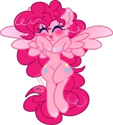 Size: 1773x1960 | Tagged: safe, artist:computershits, derpibooru import, pinkie pie, pegasus, belly button, blushing, both cutie marks, chest fluff, ear fluff, eyes closed, female, flying, hoof heart, hooves to the chest, image, lightly watermarked, open mouth, pegasus pinkie pie, png, race swap, shiny hoof, shiny mane, simple background, smiling, solo, spread wings, transparent background, watermark, wings