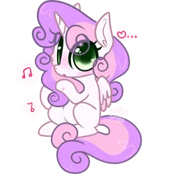 Size: 1506x1506 | Tagged: safe, artist:computershits, derpibooru import, sweetie belle, alicorn, pony, alicornified, blushing, ear fluff, eye clipping through hair, female, filly, foal, heart, image, lightly watermarked, looking at you, music notes, png, race swap, simple background, sitting, solo, surprised, sweetiecorn, transparent background, watermark