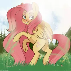 Size: 1536x1536 | Tagged: safe, artist:chickenbrony, derpibooru import, fluttershy, pegasus, pony, aside glance, backlighting, female, grass, head turned, image, jpeg, long mane, looking at you, mare, outdoors, rearing, sideways glance, sky, smiling, smiling at you, solo, spread wings, wings