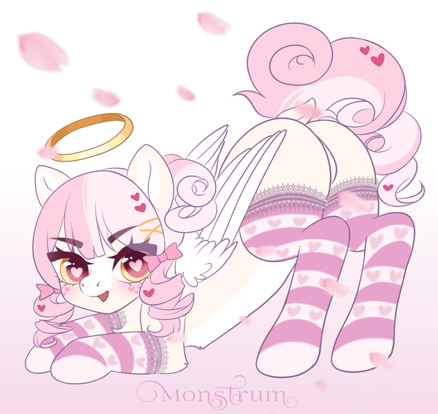 Size: 3180x3000 | Tagged: safe, artist:monstrum, derpibooru import, oc, pegasus, pony, angel, angelic wings, butt, clothes, cute, eye clipping through hair, face down ass up, halo, heart eyes, image, jpeg, looking at you, nimb, pegasus oc, plot, romantic, socks, stockings, thigh highs, wingding eyes, wings