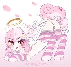 Size: 3180x3000 | Tagged: safe, artist:monstrum, derpibooru import, oc, pegasus, pony, angel, angelic wings, butt, clothes, cute, eye clipping through hair, face down ass up, halo, heart eyes, image, jpeg, looking at you, nimb, pegasus oc, plot, romantic, socks, stockings, thigh highs, wingding eyes, wings
