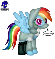 Size: 3840x4154 | Tagged: safe, artist:damlanil, derpibooru import, rainbow dash, pegasus, pony, boots, cloak, clothes, comic, female, happy, hood, image, mare, mask, png, rainbow rogue, shoes, show accurate, simple background, solo, speech bubble, spread wings, standing, text, transparent background, vector, wings