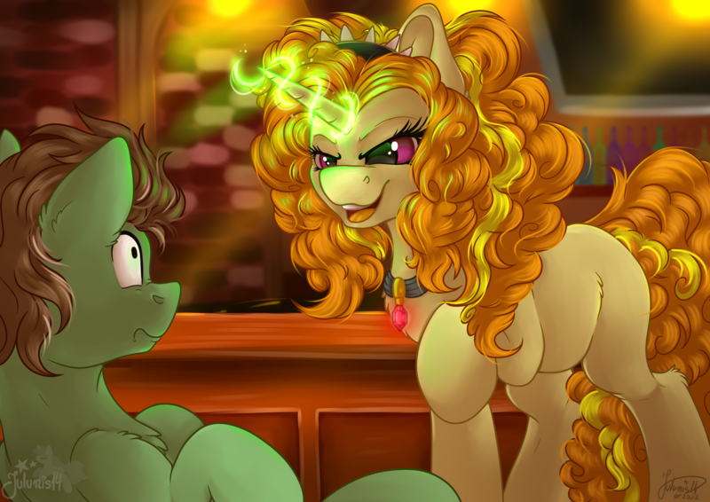 Size: 4093x2894 | Tagged: safe, artist:julunis14, derpibooru import, adagio dazzle, oc, oc:protein shake, ponified, earth pony, pony, unicorn, comic:we will be adored, comic:we will be adored part 16, equestria girls, alcohol, bar, bottle, collar, commission, dazzling, digital, female, gem, hairpin, image, intimidating, looking at each other, looking at someone, magic, male, png, siren gem, smiling, smirk, standing